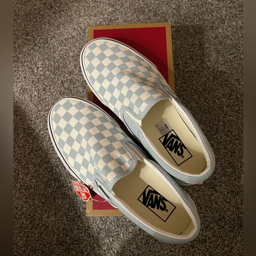 Baby Blue Checkerboard Vans Classic Slip Ons